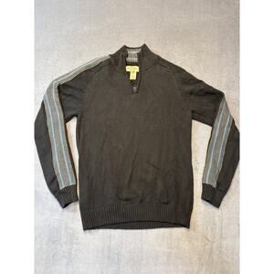 VTG American Rag 1/4 Zip Sweater, Black w/ Gray & Blue Striped Sleeves. Size Med